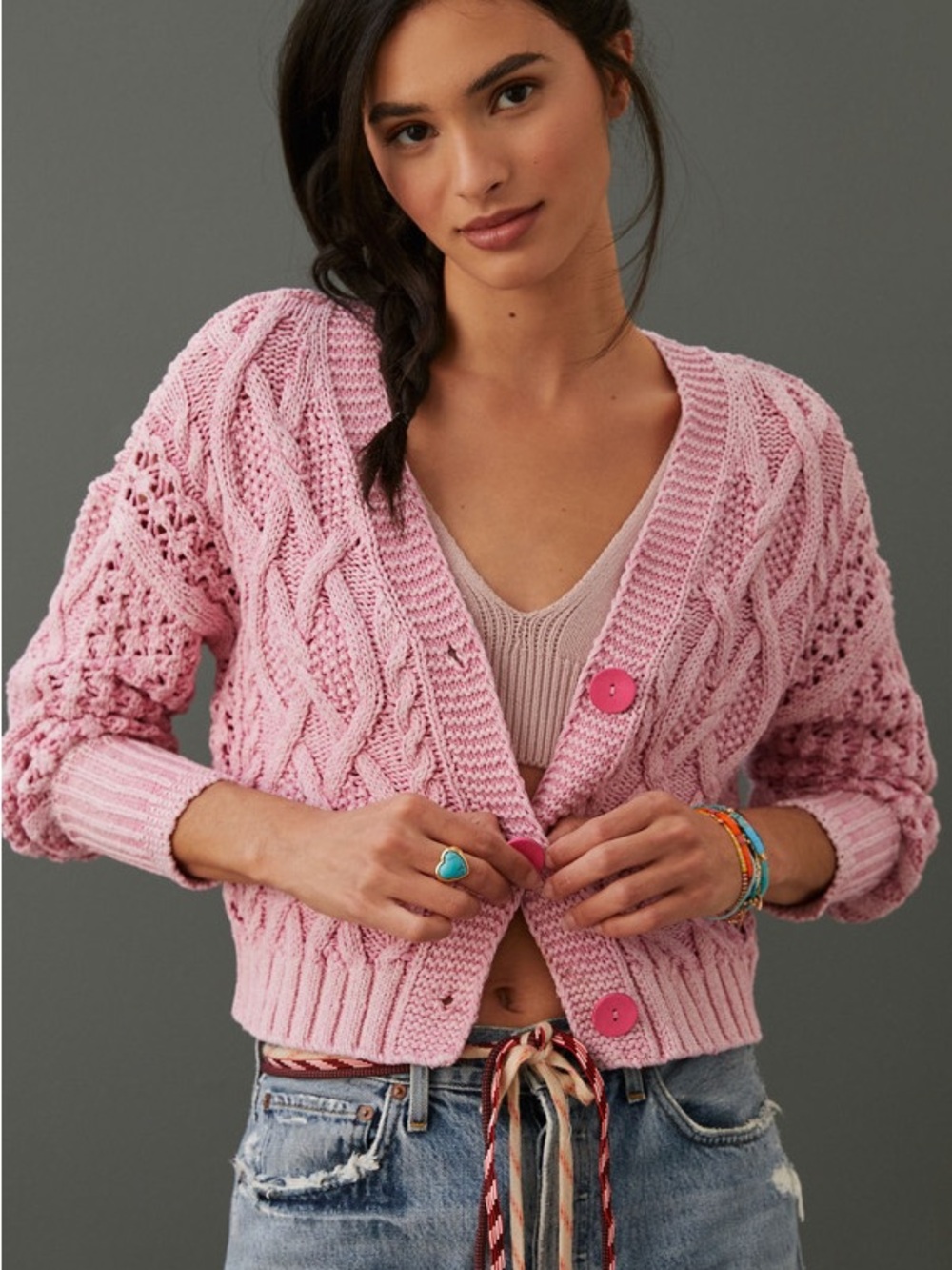 Anthropologie Pilcro Pink Cable Knit Cardigan Size XS EUC